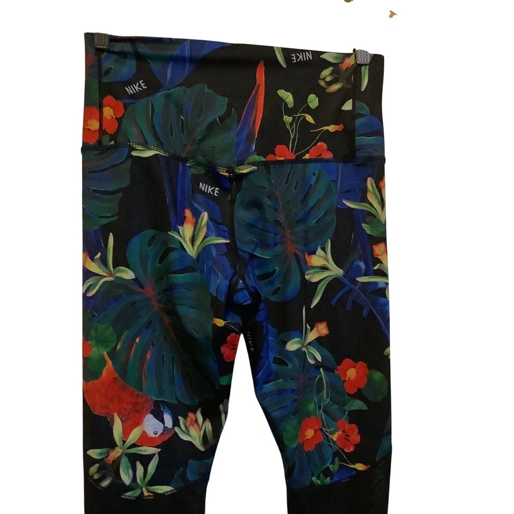 Nike Dri-FIT Tropical Parrot Floral Print Leggings High Rise Mesh Black Large